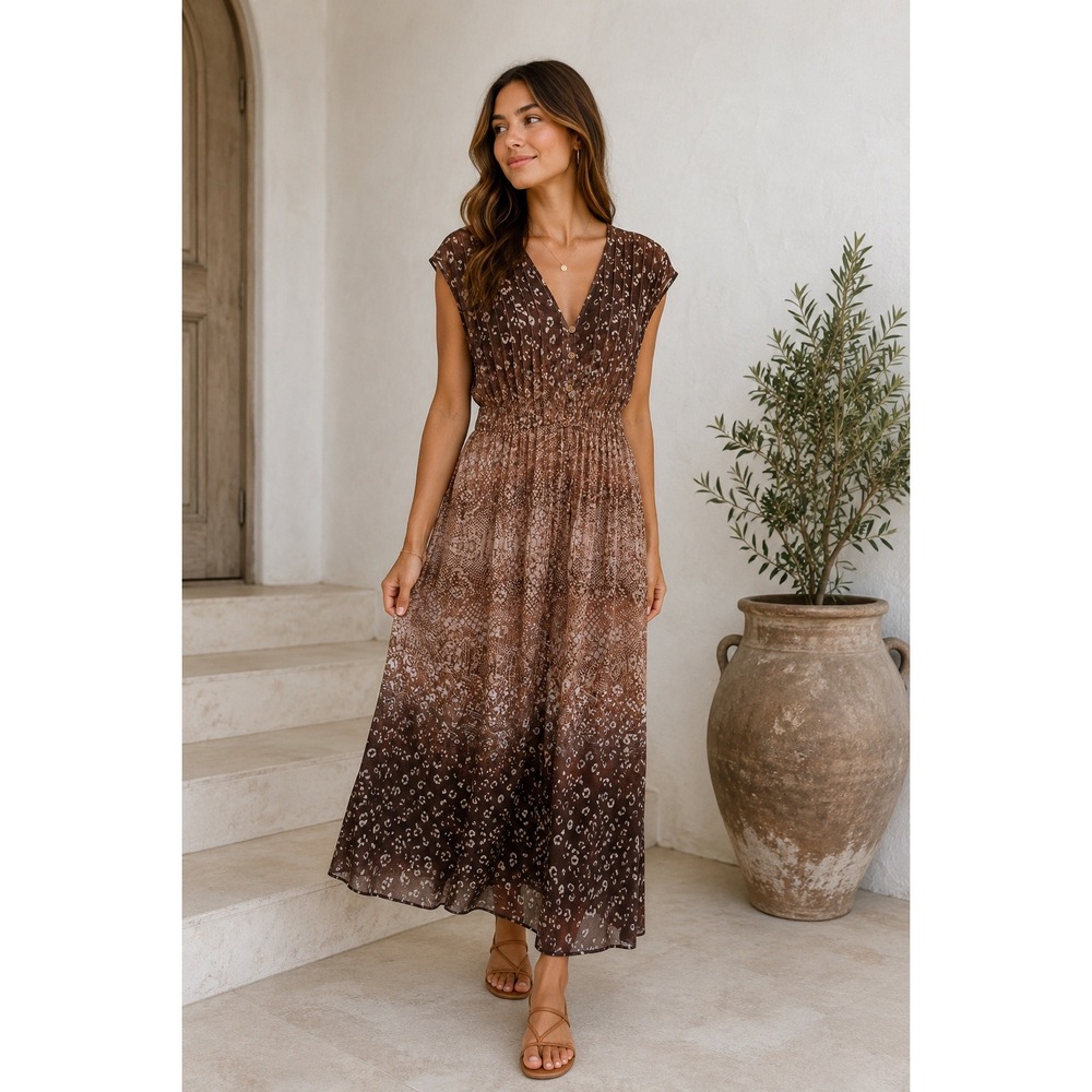 Soft Surroundings Brown Animal Snakeskin Print Pleated Maxi Dress Womens Small S